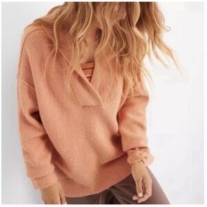 Aerie Cotton Waffle Hooded V-neck Sweater Peach Orange Small